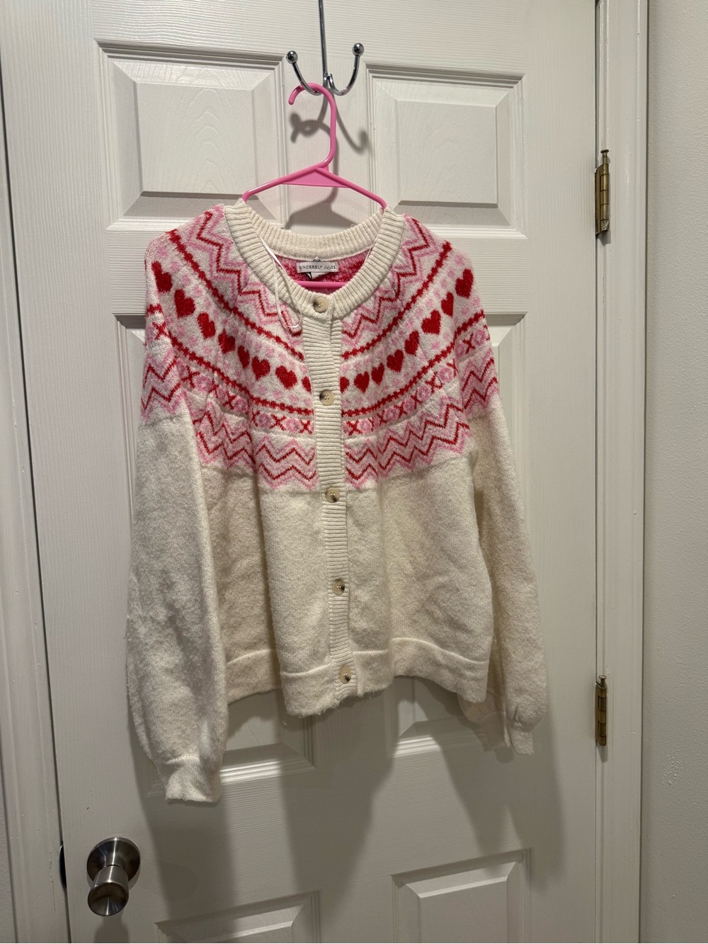 Sincerely Jules Cream Cardigan with Red and Pink Heart Yoke